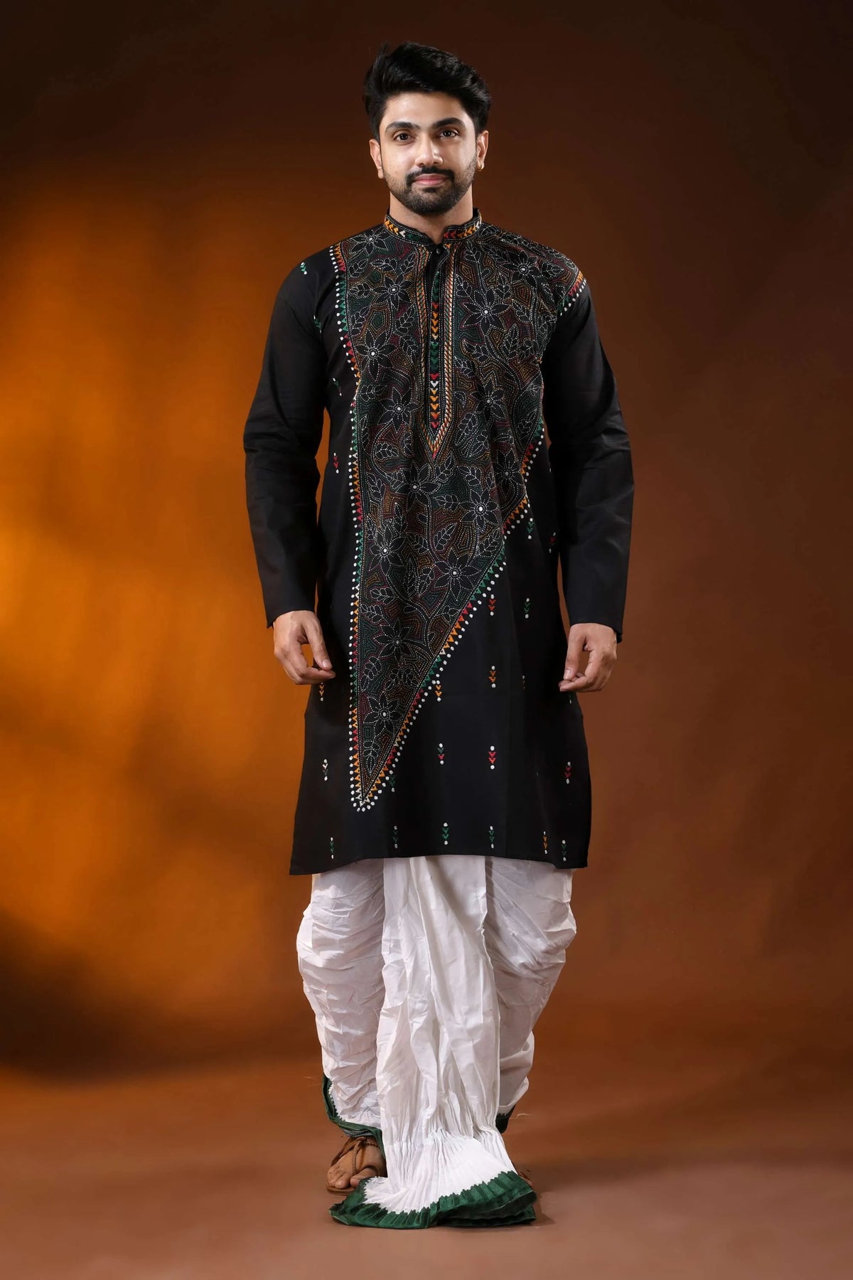 Raven black men’s cotton reverse kantha punjabi multithread floral handcrafted 1
