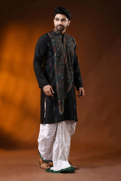 Raven black men’s cotton reverse kantha punjabi multithread floral handcrafted 5