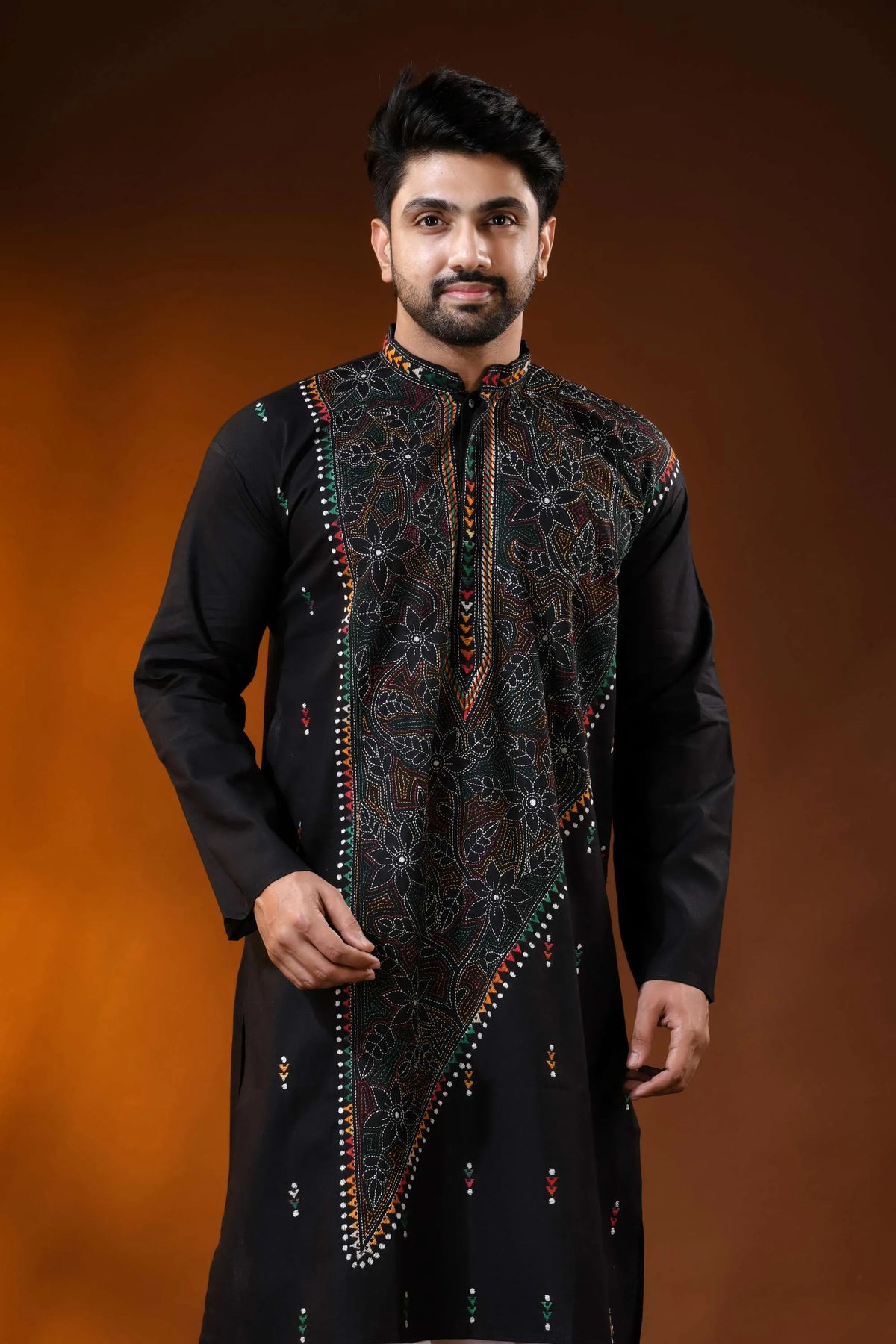 Raven black men’s cotton reverse kantha punjabi multithread floral handcrafted 2