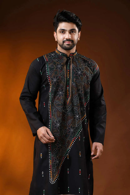 Raven black men’s cotton reverse kantha punjabi multithread floral handcrafted 2