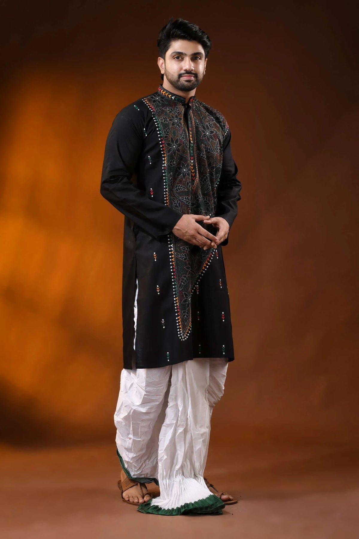Raven black men’s cotton reverse kantha punjabi multithread floral handcrafted 3
