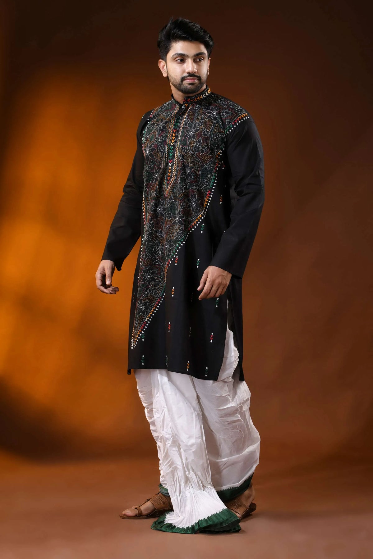 Raven black men’s cotton reverse kantha punjabi multithread floral handcrafted 4
