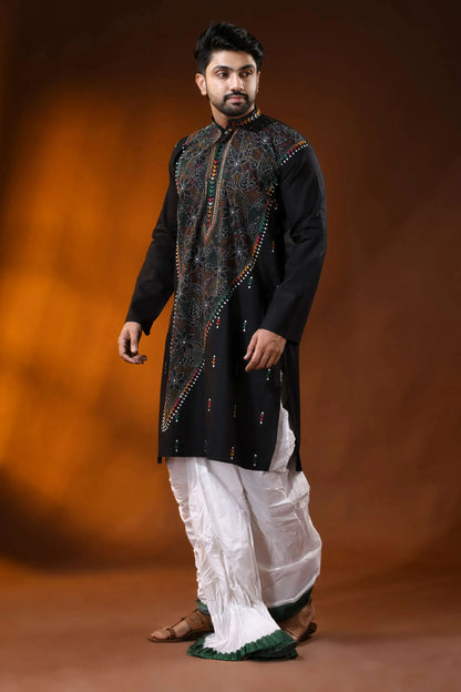Raven black men’s cotton reverse kantha punjabi multithread floral handcrafted 4