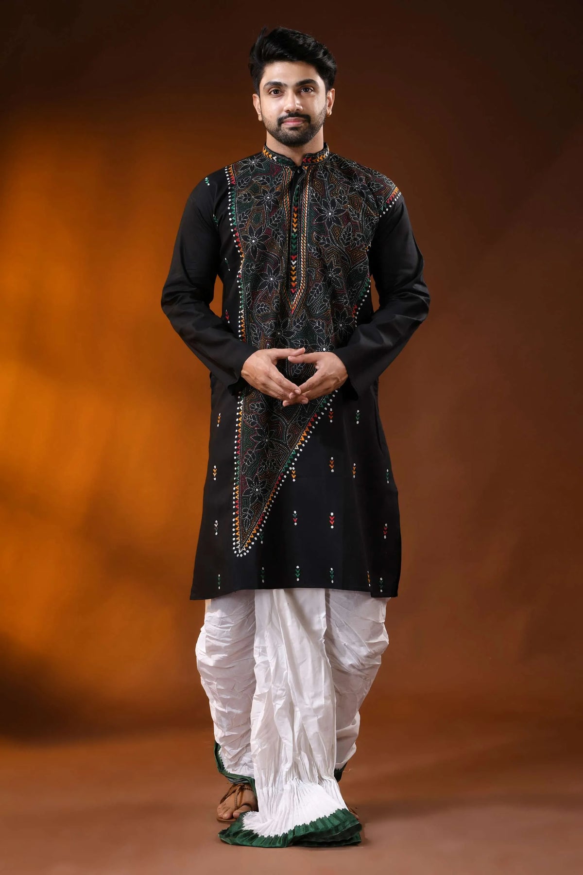 Raven black men’s cotton reverse kantha punjabi multithread floral handcrafted 7