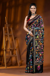 Raven black multi-thread floral silk kantha stitch saree - hand embroidered 1