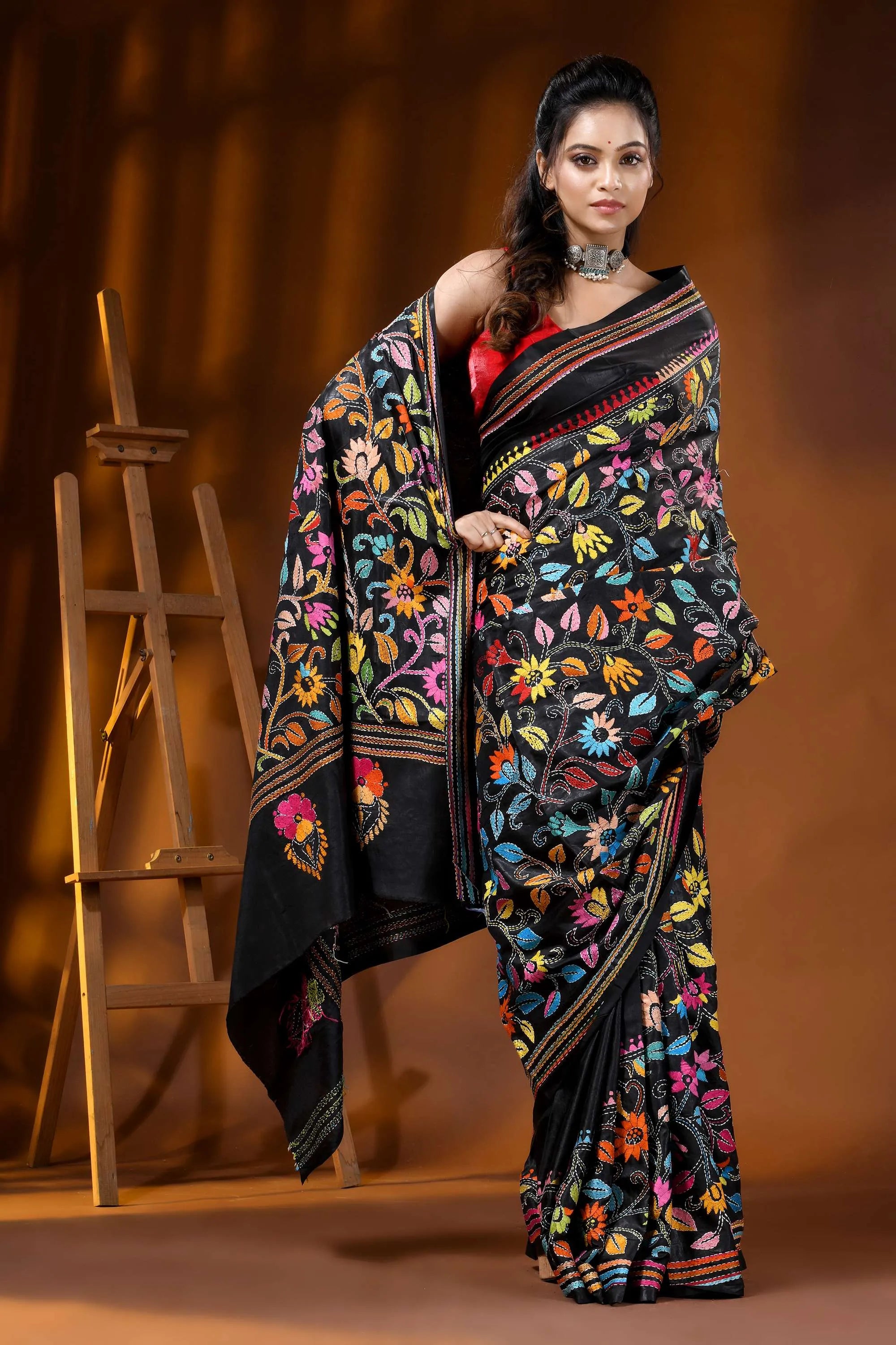 Raven black multi-thread floral silk kantha stitch saree - hand embroidered 5