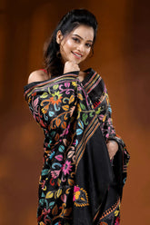 Raven black multi-thread floral silk kantha stitch saree - hand embroidered 2