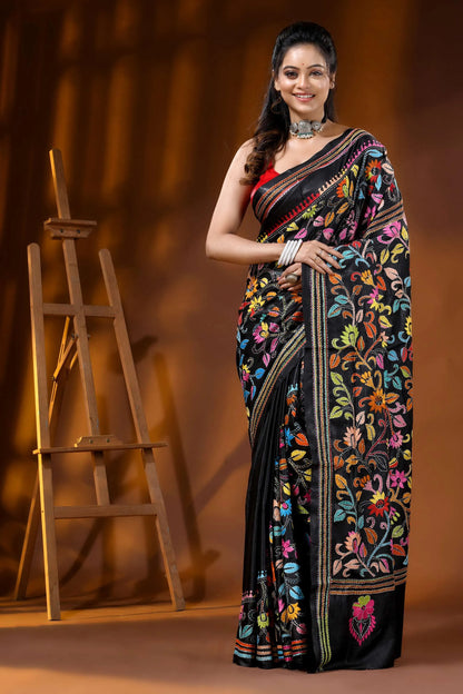Raven black multi-thread floral silk kantha stitch saree - hand embroidered 6