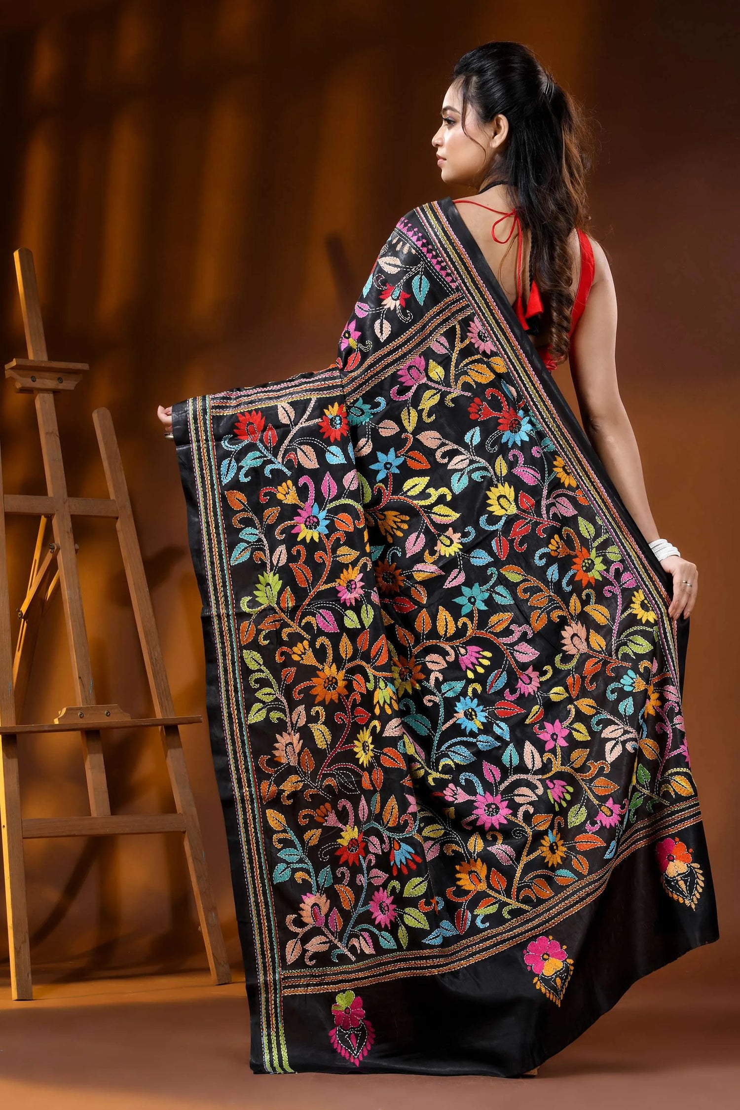Raven black multi-thread floral silk kantha stitch saree - hand embroidered 4