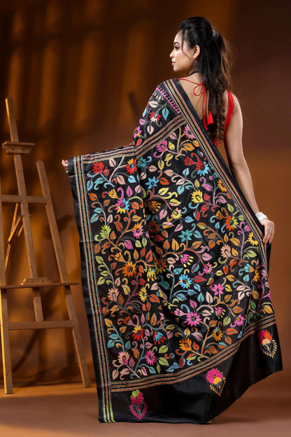 Raven black multi-thread floral silk kantha stitch saree - hand embroidered 4