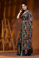 Raven black multi-thread floral silk kantha stitch saree - hand embroidered 3