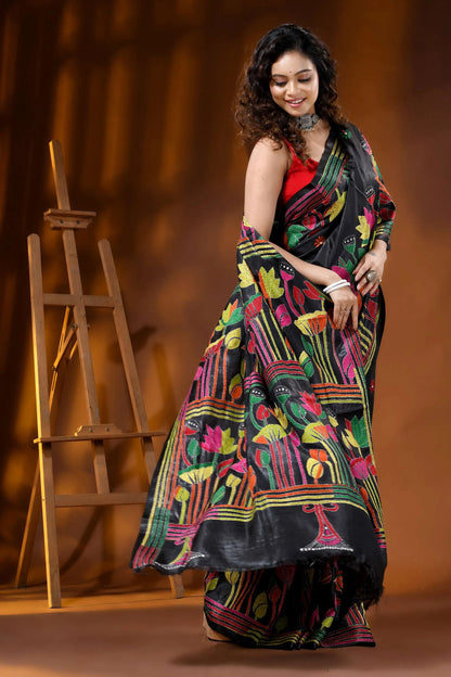 Raven black multi-thread lotus motif handcrafted silk kantha saree 4