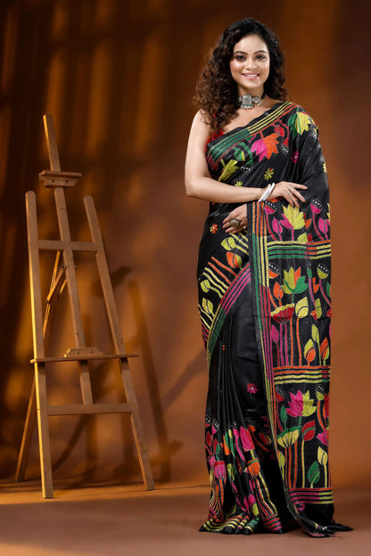 Raven black multi-thread lotus motif handcrafted silk kantha saree 1