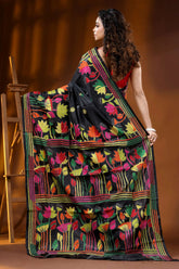 Raven black multi-thread lotus motif handcrafted silk kantha saree 5