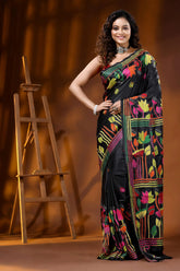 Raven black multi-thread lotus motif handcrafted silk kantha saree 6