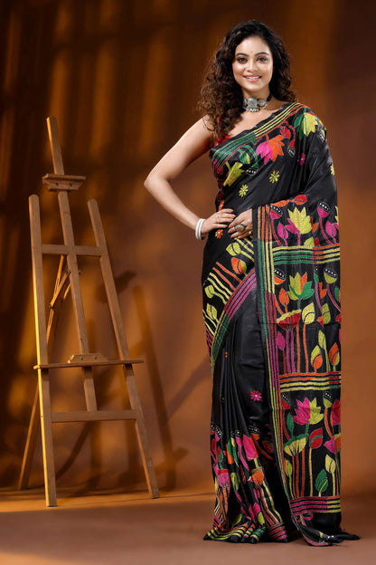 Raven black multi-thread lotus motif handcrafted silk kantha saree 6