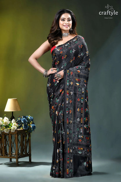 Raven black multicolor hand stitched silk kantha saree black saree intricate multicolored embroidery 6