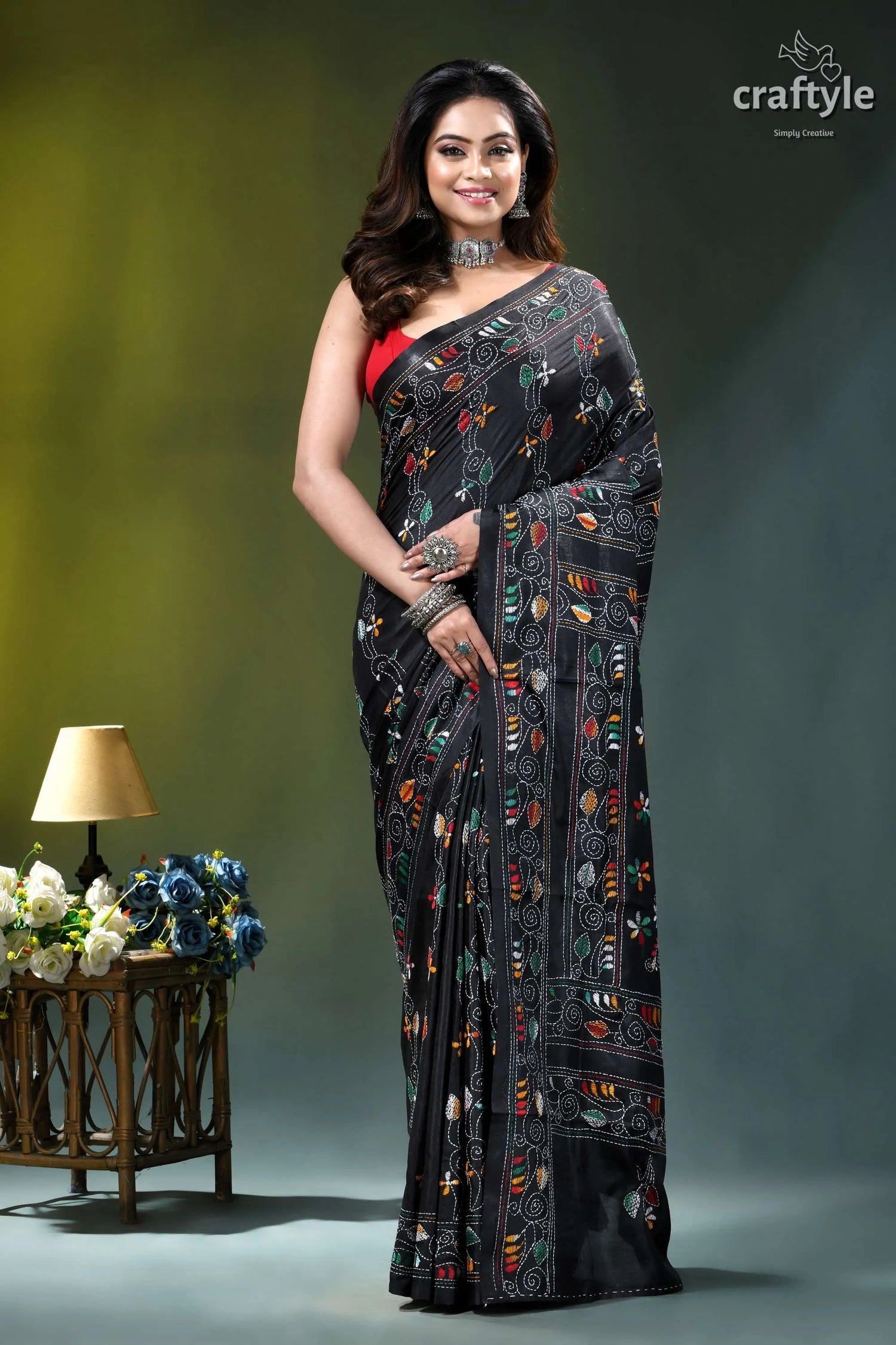 Raven black multicolor hand stitched silk kantha saree black embroidered saree colorful floral 1