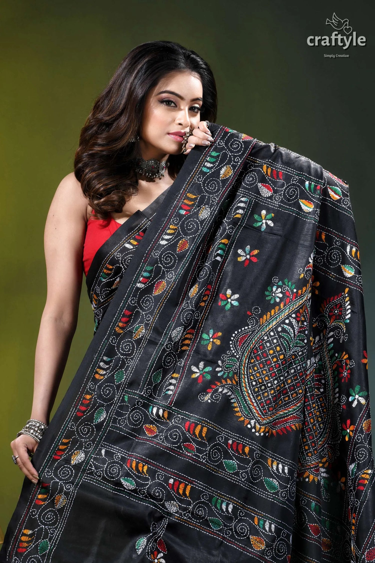 Raven black multicolor hand stitched silk kantha saree black silk saree intricate multicolored 2