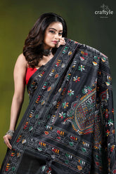 Raven black multicolor hand stitched silk kantha saree black silk saree intricate multicolored 2