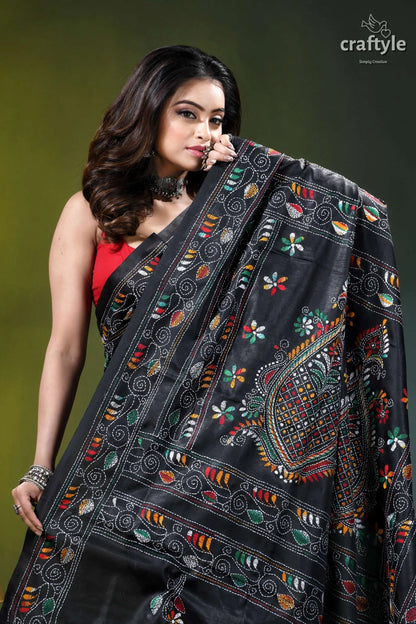 Raven black multicolor hand stitched silk kantha saree black silk saree intricate multicolored 2