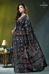 Raven black multicolor hand stitched silk kantha saree black silk saree intricate multicolored 3