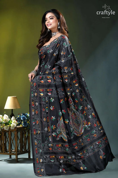 Raven black multicolor hand stitched silk kantha saree black silk saree intricate multicolored 3