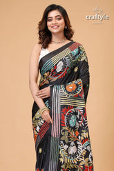 Raven Black Multicolor Thread Hand Kantha Silk Saree - Craftyle