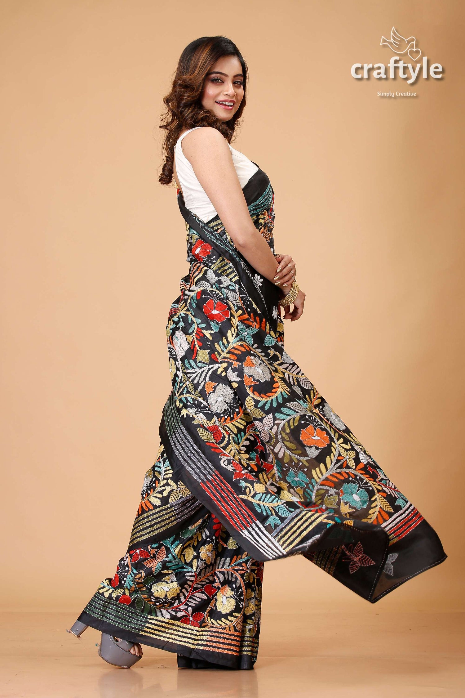 Raven Black Multicolor Thread Hand Kantha Silk Saree - Craftyle