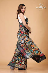 Raven Black Multicolor Thread Hand Kantha Silk Saree - Craftyle