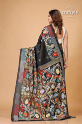 Raven Black Multicolor Thread Hand Kantha Silk Saree - Craftyle
