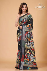 Raven Black Multicolor Thread Hand Kantha Silk Saree - Craftyle