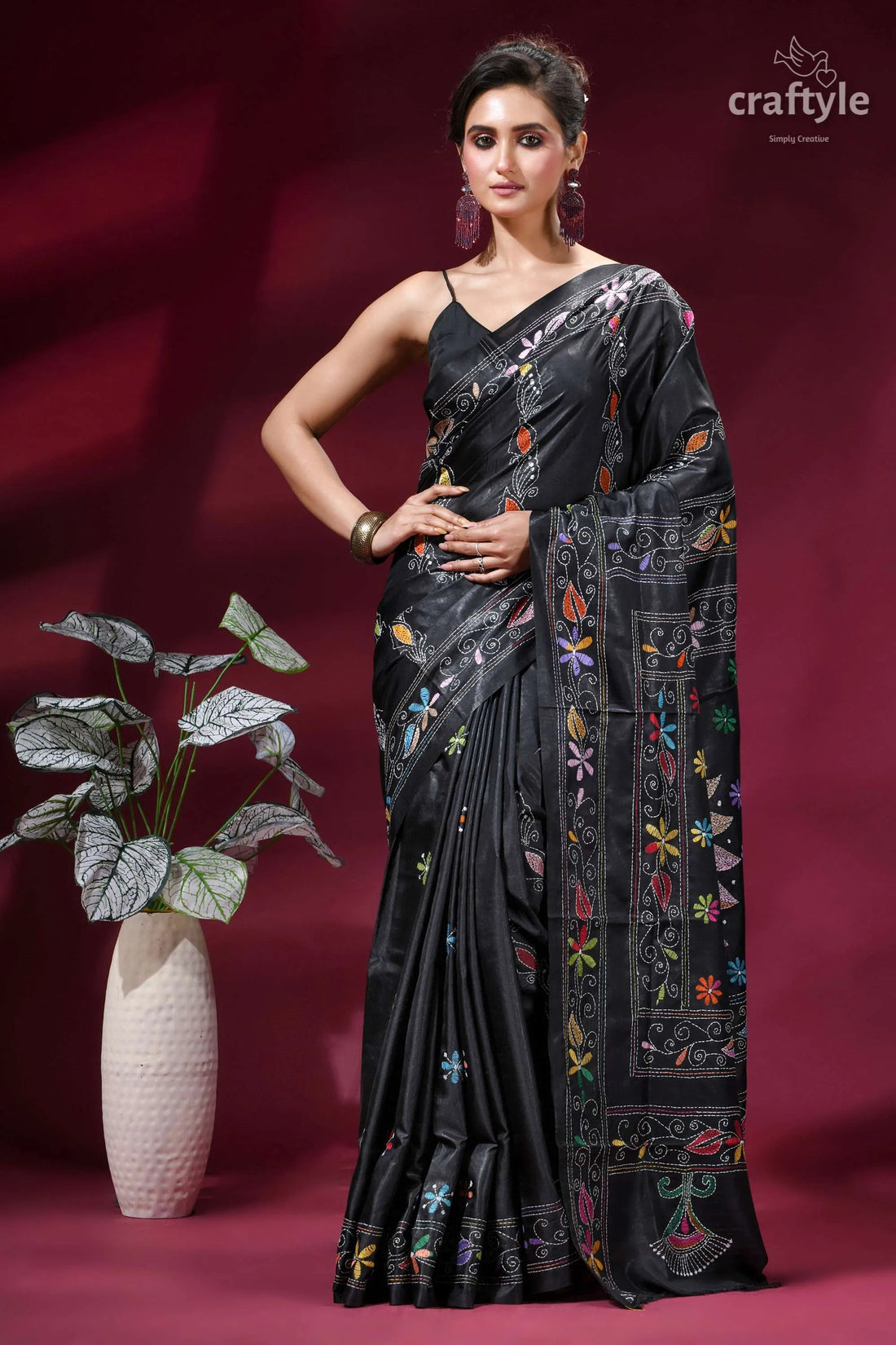 Raven black premium floral multi-thread kantha silk saree black silk saree intricate multicolored 1