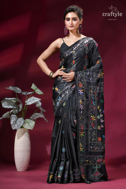 Raven black premium floral multi-thread kantha silk saree black silk saree intricate multicolored 1
