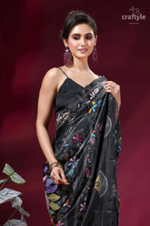 Raven black premium floral multi-thread kantha silk saree black silk saree adorned vibrant 2