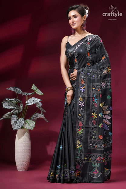 Raven black premium floral multi-thread kantha silk saree black silk saree vibrant colorful 4