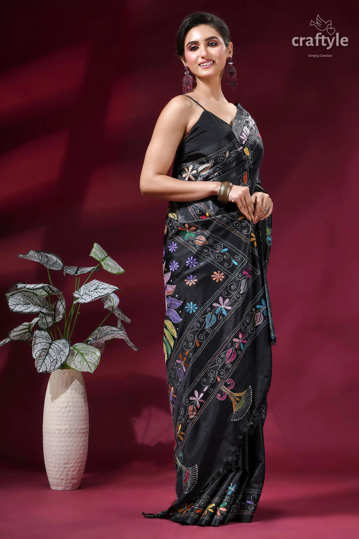 Raven black premium floral multi-thread kantha silk saree black silk saree intricate multicolored 3
