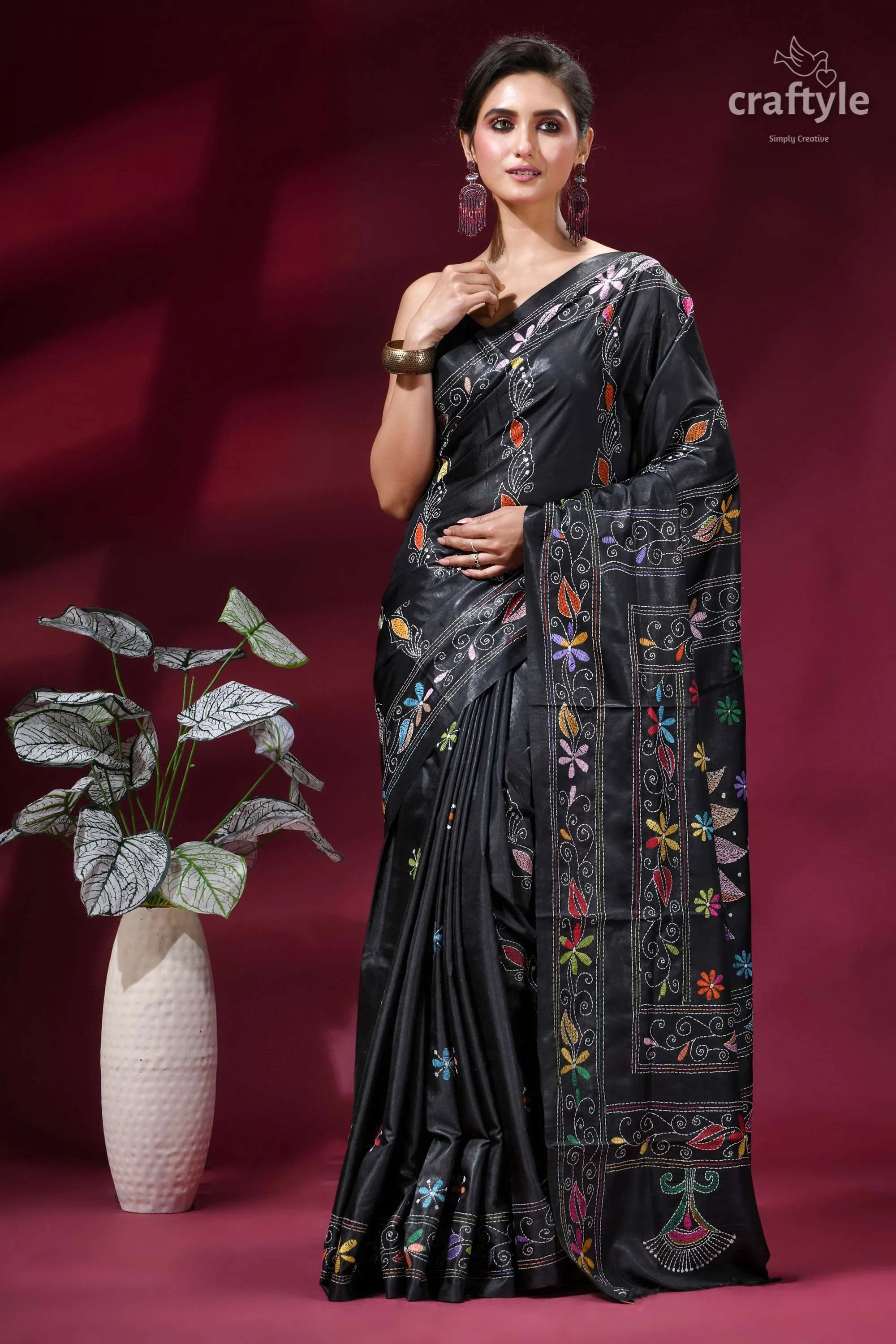 Raven black premium floral multi-thread kantha silk saree black silk saree adorned vibrant 6