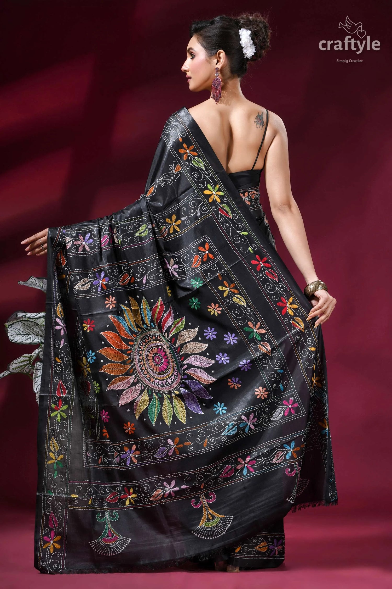 Raven black premium floral multi-thread kantha silk saree black silk saree vibrant multicolored 5