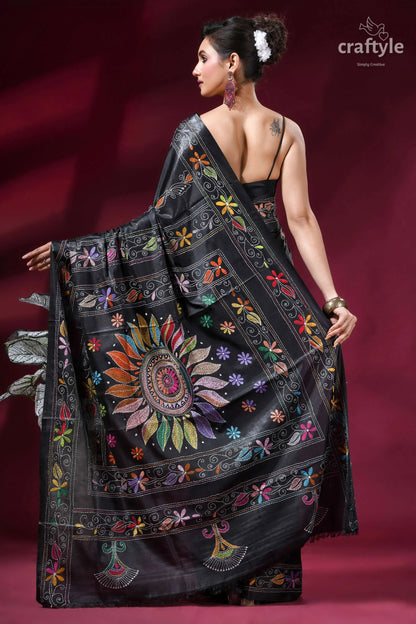 Raven black premium floral multi-thread kantha silk saree black silk saree vibrant multicolored 5