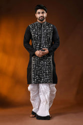 Raven black pure cotton punjabi for men with folk warli kantha work 4