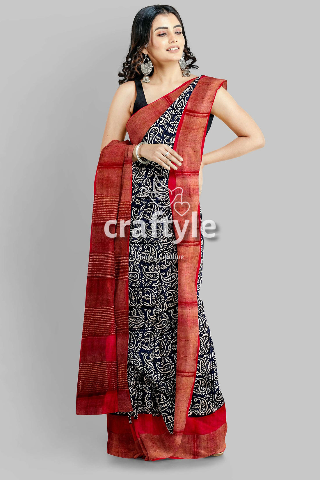 Raven Black Red Hand Block Print Zari Border Pure Tussar Saree - Craftyle