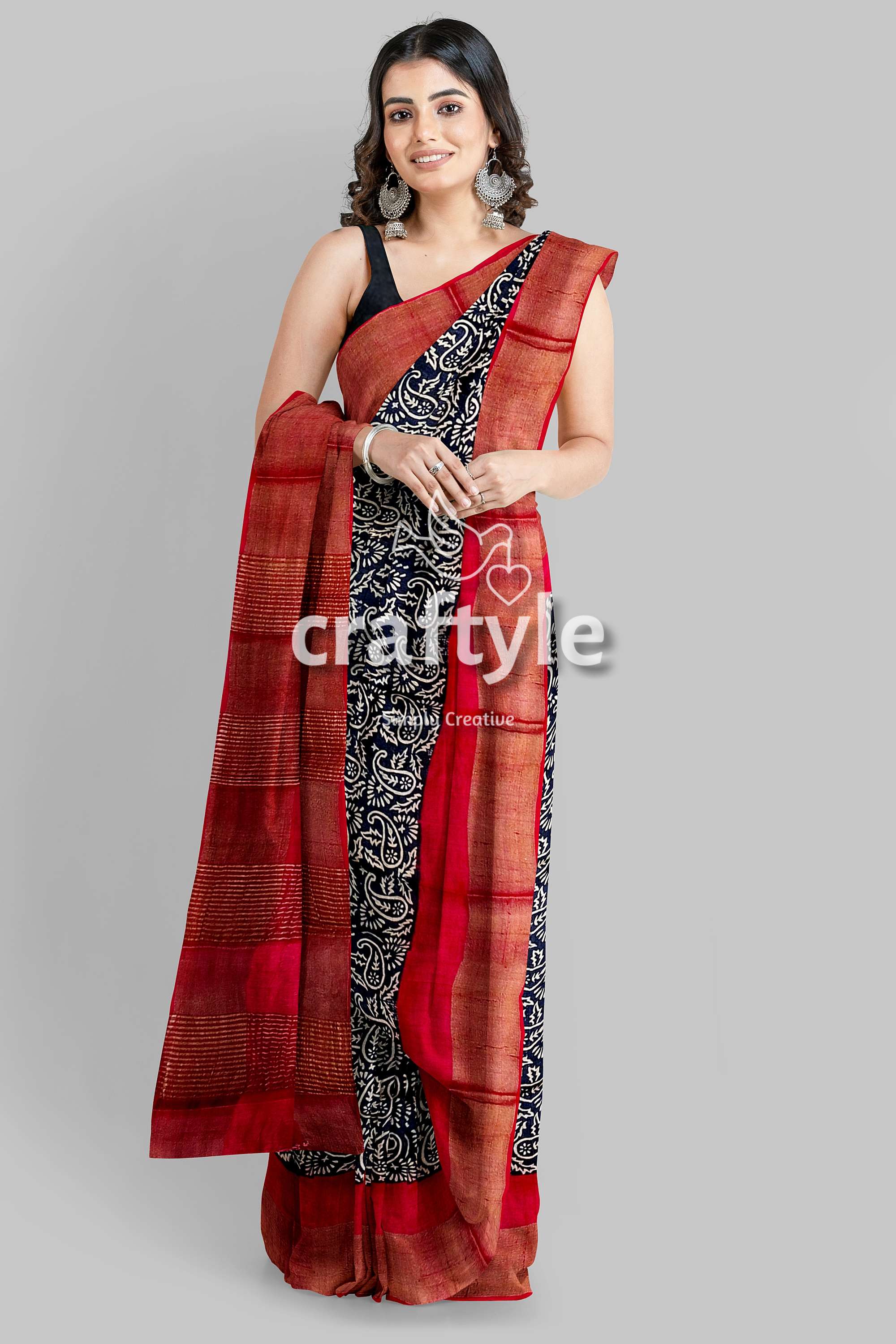 Raven Black Red Hand Block Print Zari Border Pure Tussar Saree - Craftyle