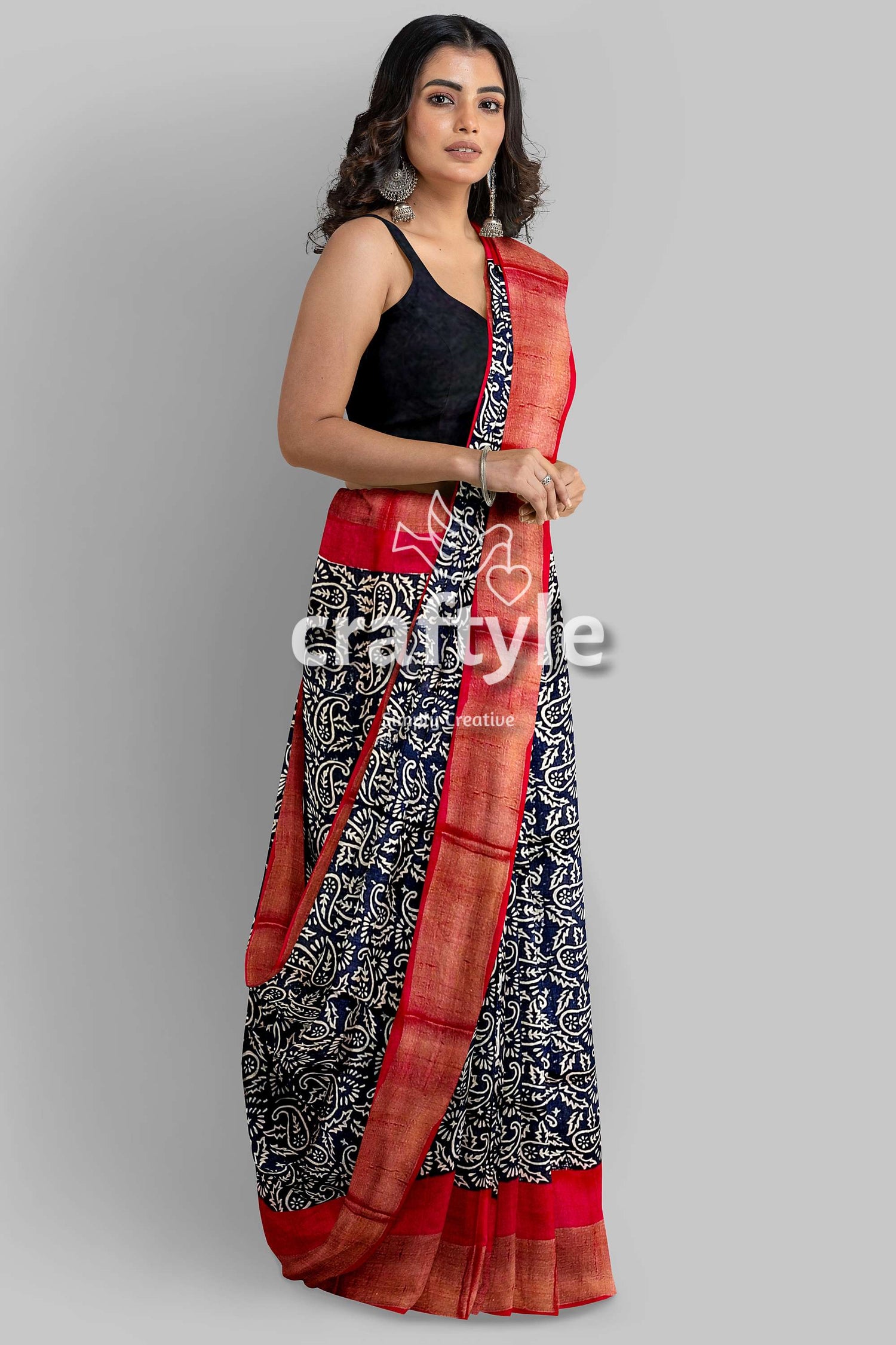 Raven Black Red Hand Block Print Zari Border Pure Tussar Saree - Craftyle