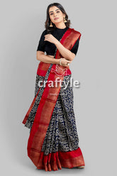 Raven Black Red Hand Block Print Zari Border Pure Tussar Saree - Craftyle