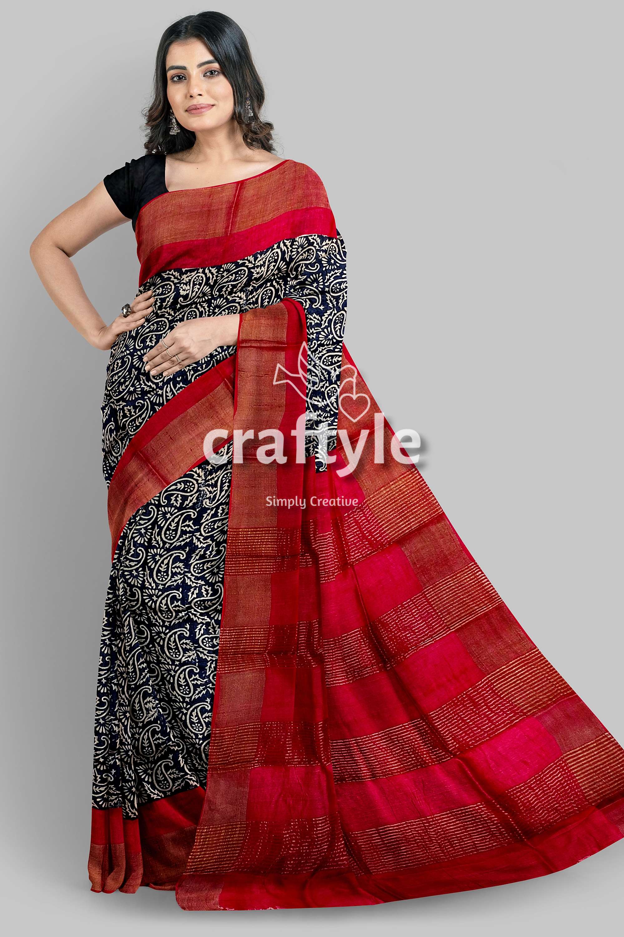 Raven Black Red Hand Block Print Zari Border Pure Tussar Saree - Craftyle