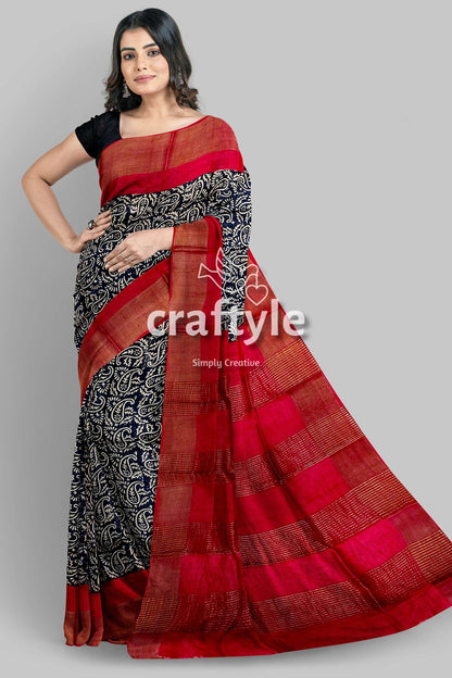 Raven Black Red Hand Block Print Zari Border Pure Tussar Saree - Craftyle