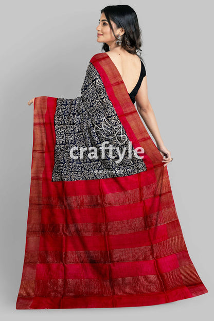 Raven Black Red Hand Block Print Zari Border Pure Tussar Saree - Craftyle