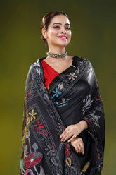 Raven black silk kantha stitch saree with multicolor swan motif 2