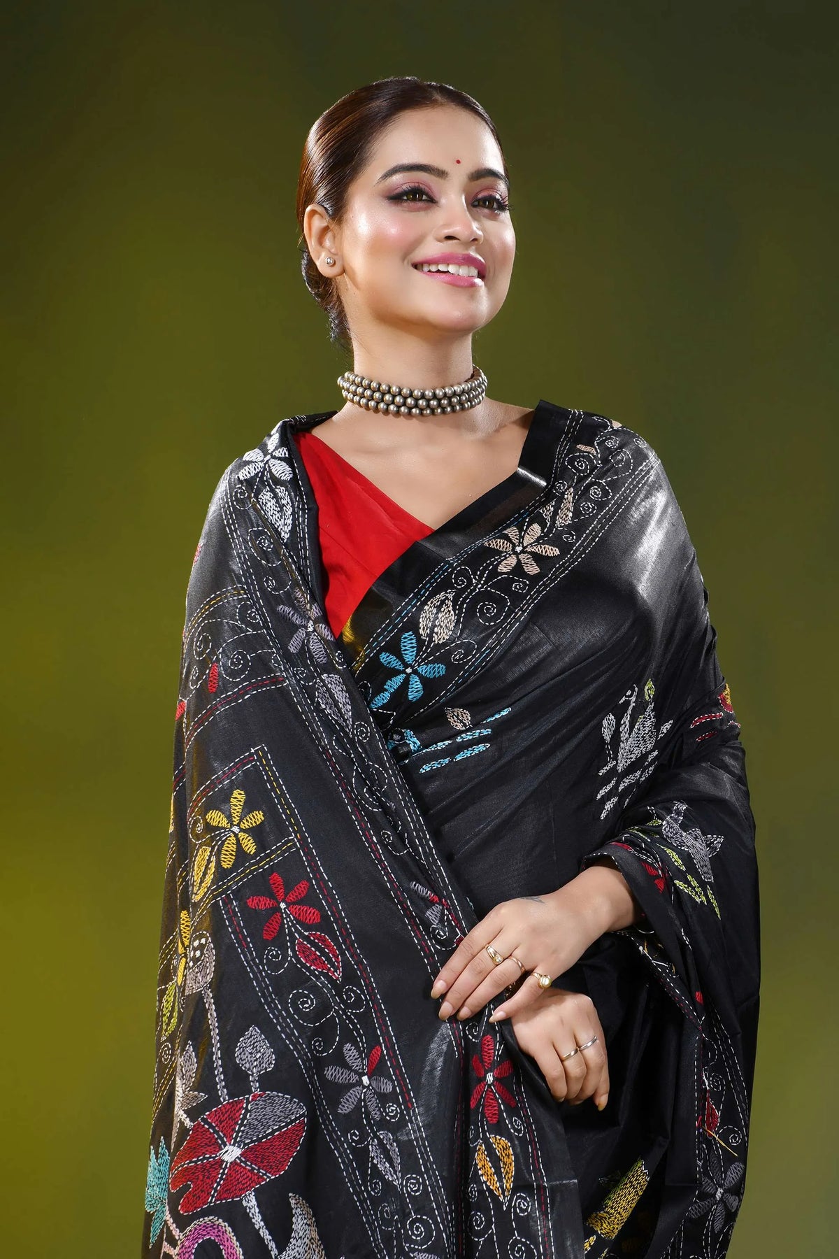 Raven black silk kantha stitch saree with multicolor swan motif 2